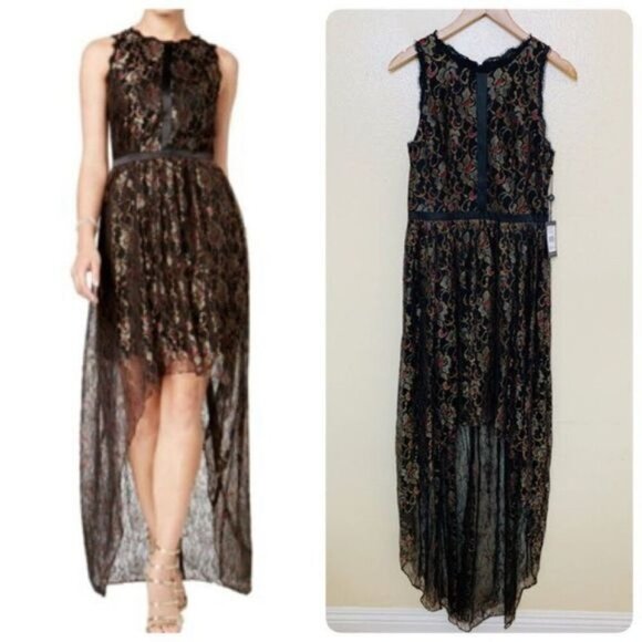 Adrianna Papell Formal High Low Metallic Lace Scalloped Trim Dress 6M Black Gold - Picture 1 of 9